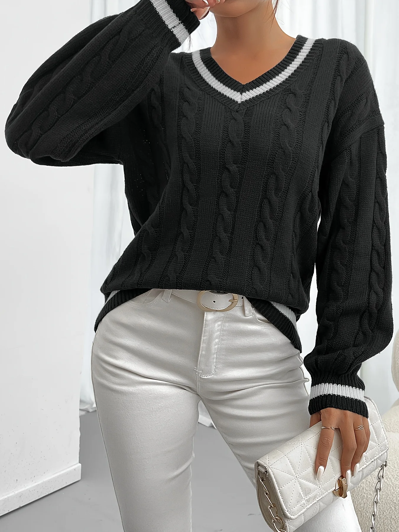 Contrast Trim Cable Knitted Sweater - Image 3