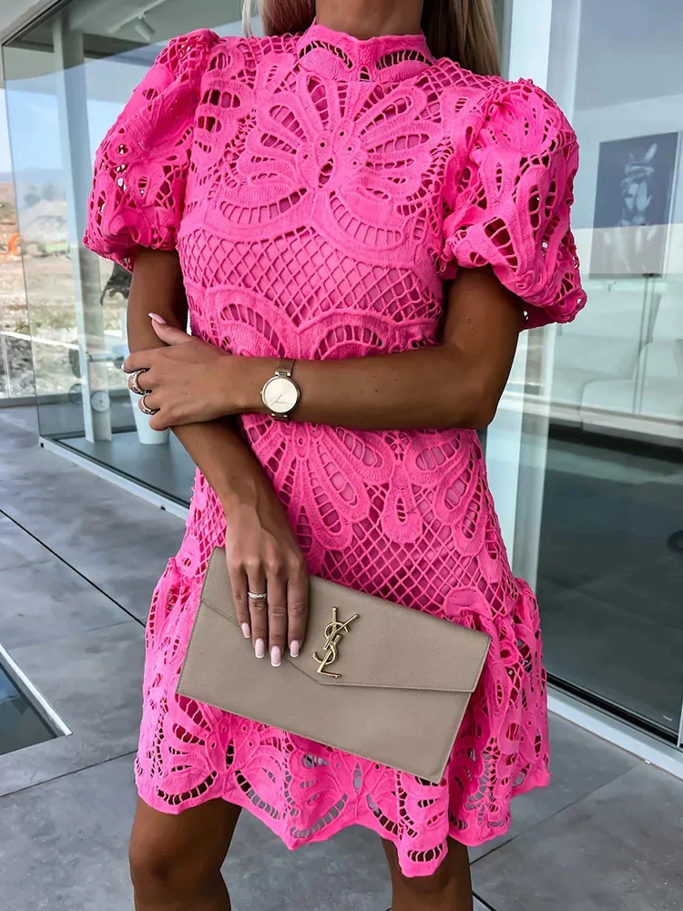 Women's Mini Party Dress with Puff Sleeve and Lace Detail - Image 3