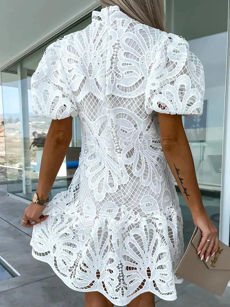 Women's Mini Party Dress with Puff Sleeve and Lace Detail - Image 5