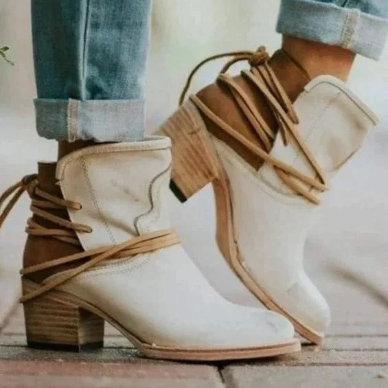 Women's Ankle Boots with Block Heels and Wraparound Lace