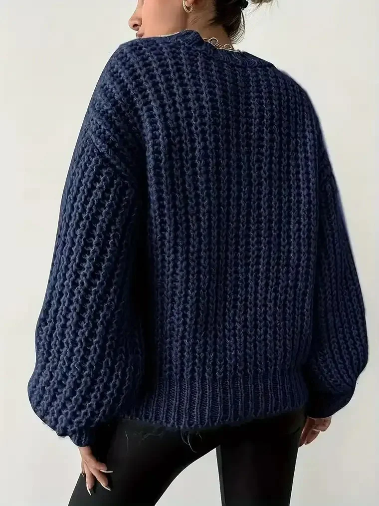 Women's Balloon Sleeve Cable Knit Sweater with Ribbed Trim - Image 2