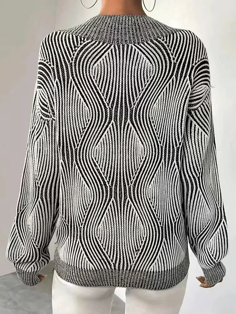 Women's Black and White V-Neck Striped Sweater - Image 2