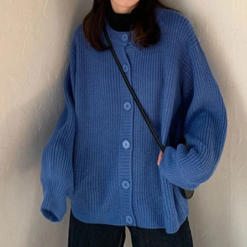 Women's Blue Oversized Ribbed Cardigan - Image 5