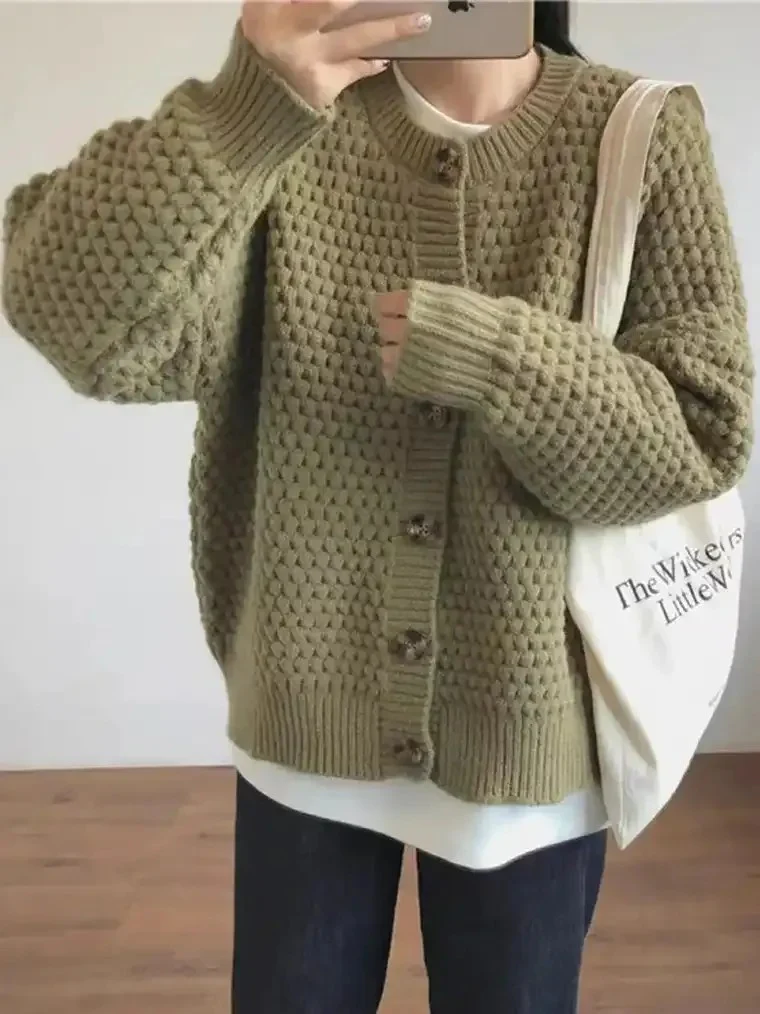 Women's Bobble Stitch Cardigan with Balloon Sleeves - Image 3