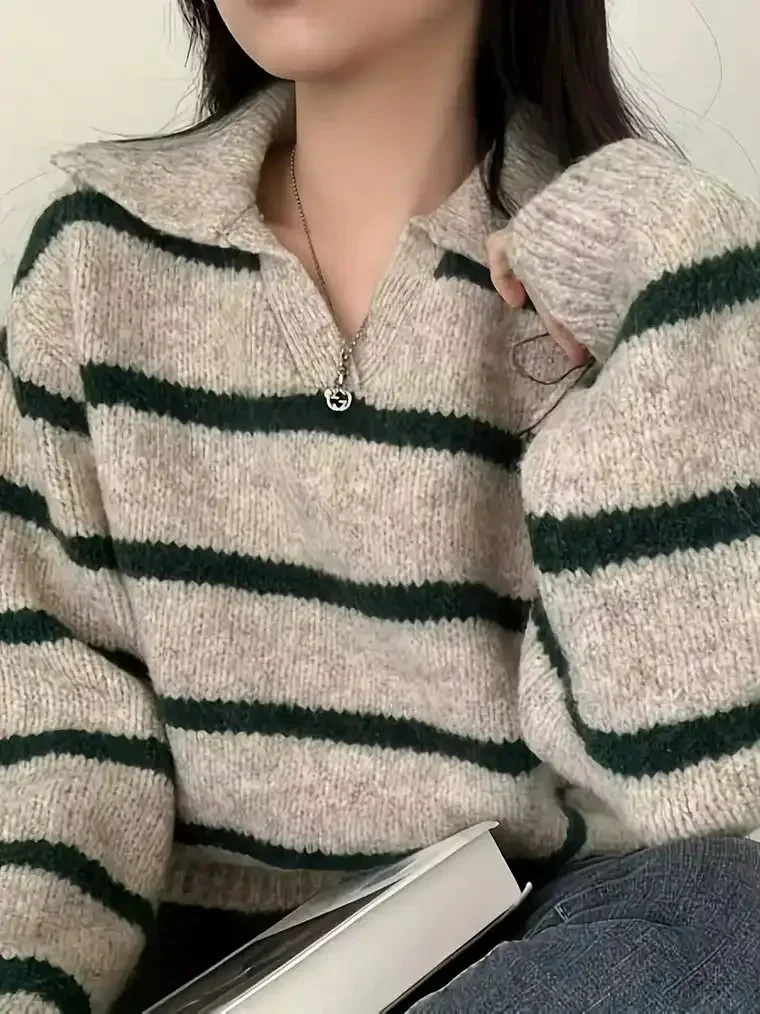 Women's Chunky Knit Sweater with Lapel Collar - Image 3
