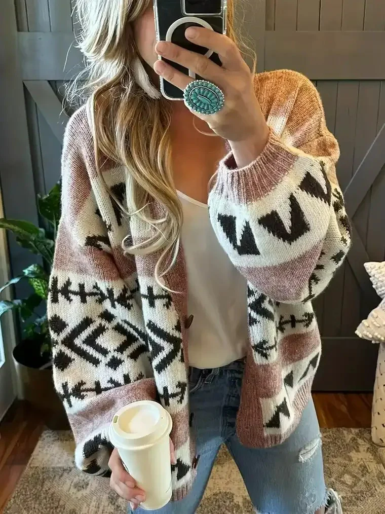Women's Color-Block Geometric Print Cardigan - Image 2