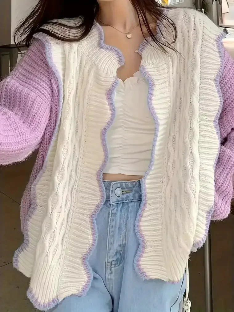 Women's Colour-Block Cardigan with Scalloped Trim