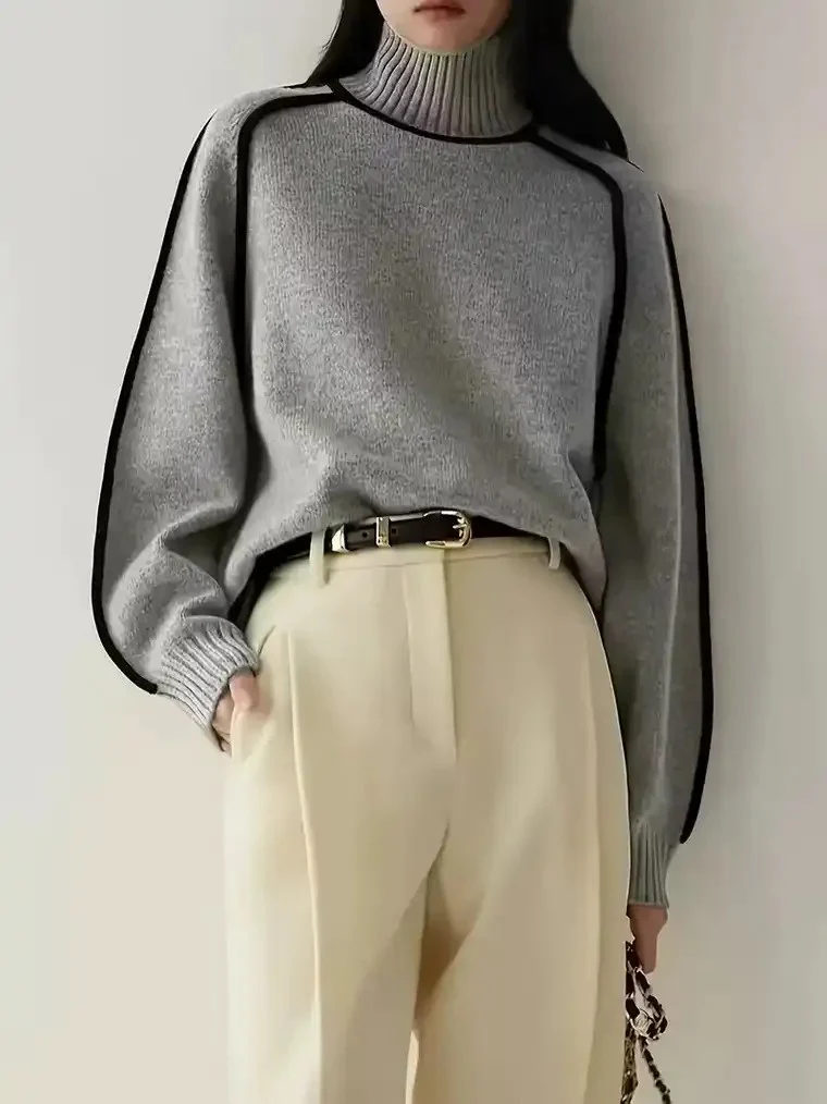 Women's Contrast Trim Turtleneck Sweater - Image 3