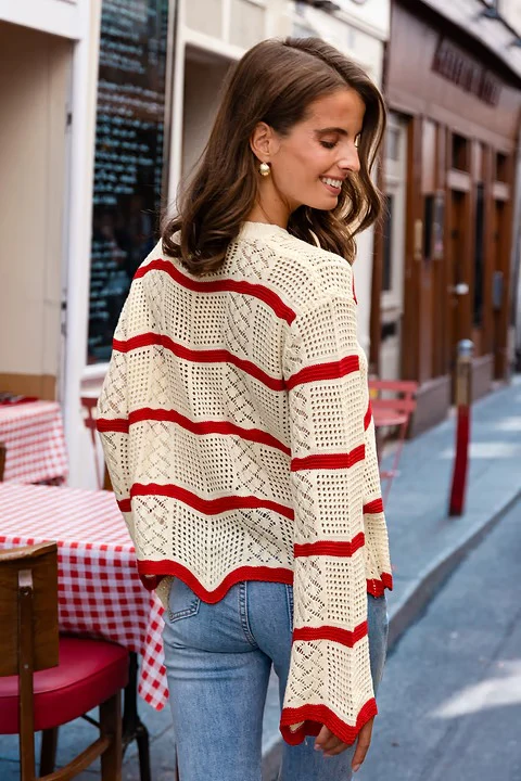 Women's Cream & Red Striped Bell-Sleeve Sweater - Image 3