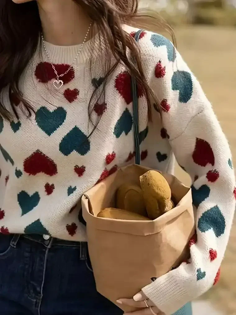 Women's Crew Neck Sweater with Textured Heart Pattern - Image 3