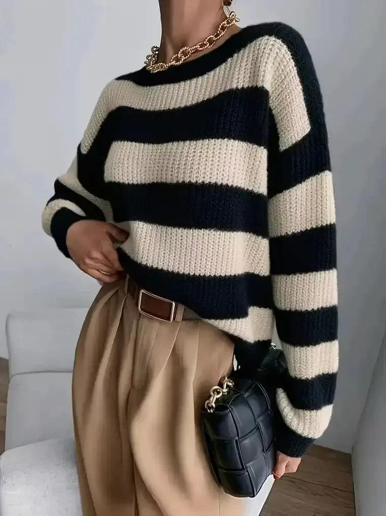 Women's Crewneck Striped Pullover Sweater - Image 2