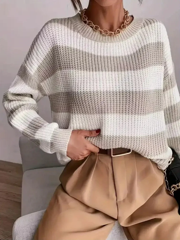 Women's Crewneck Striped Pullover Sweater - Image 3
