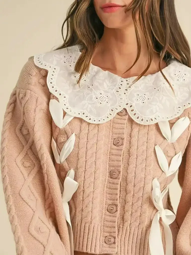 Women's Cropped Cable Knit Cardigan with Ribbon Bows - Image 2