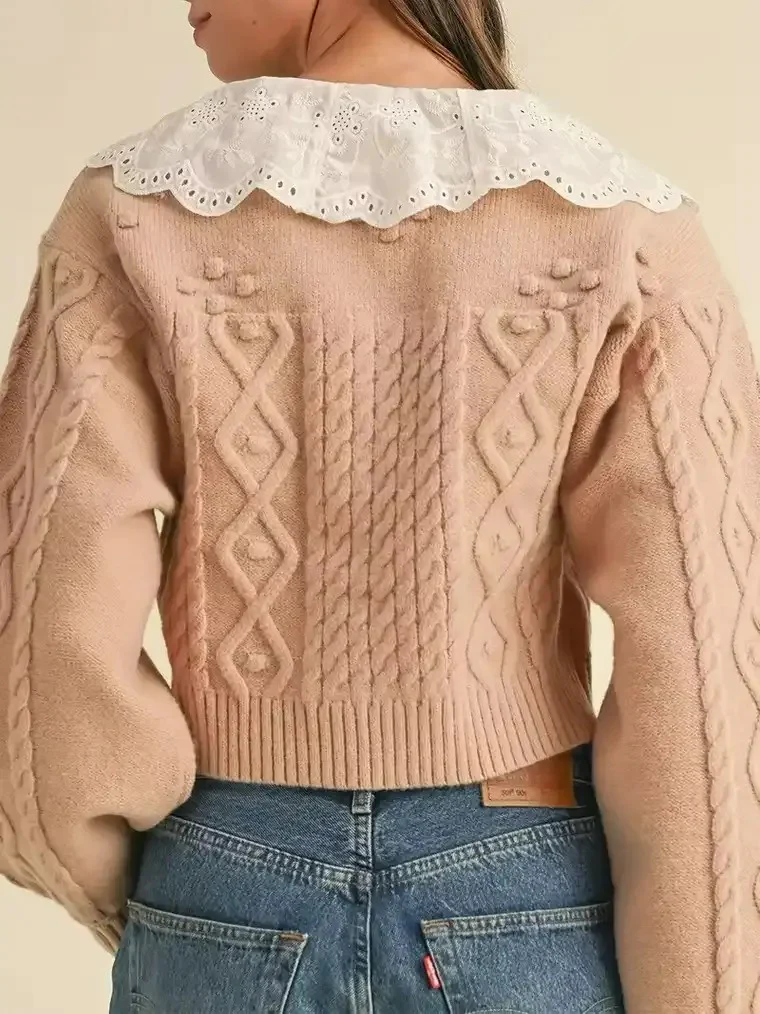 Women's Cropped Cable Knit Cardigan with Ribbon Bows - Image 3