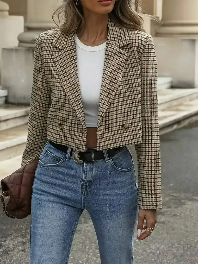 Women's Cropped Double-Breasted Plaid Blazer - Image 2