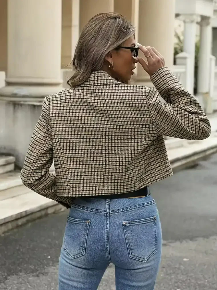 Women's Cropped Double-Breasted Plaid Blazer - Image 3