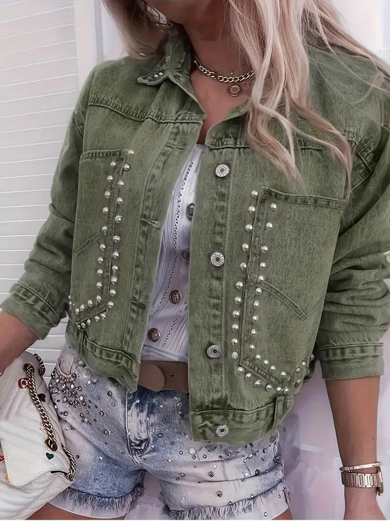 Women's Cropped Studded Denim Jacket - Image 3