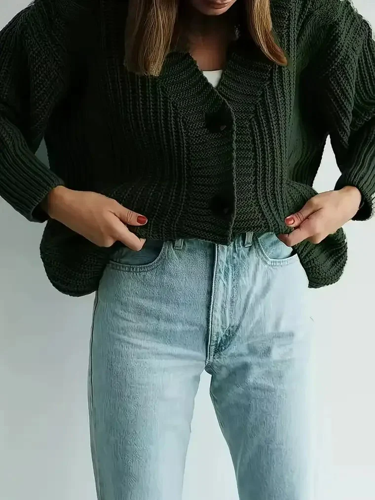 Women's Dark Green Chunky Knit Cardigan - Image 2
