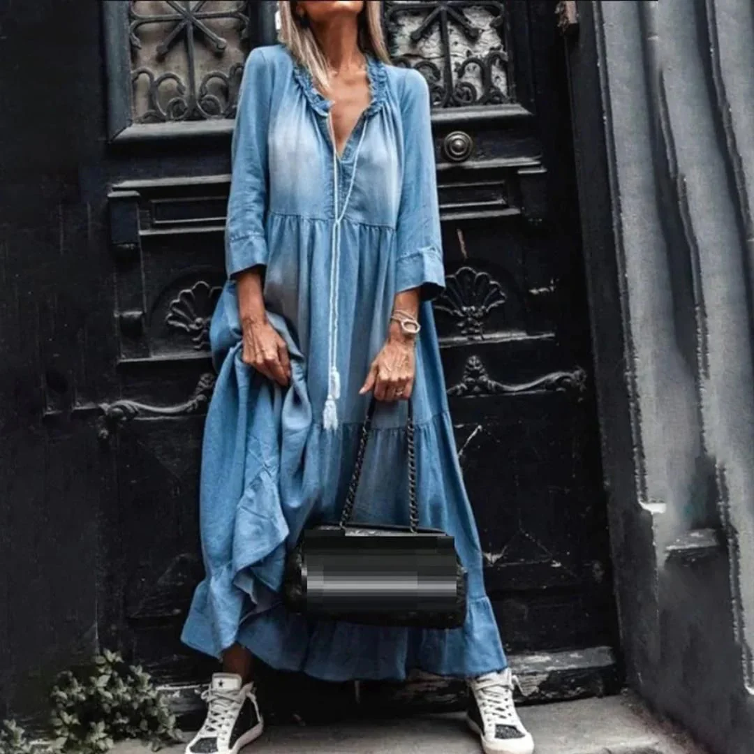 Women's Denim Loose Dress with Ruffles Neckline and Long Sleeves