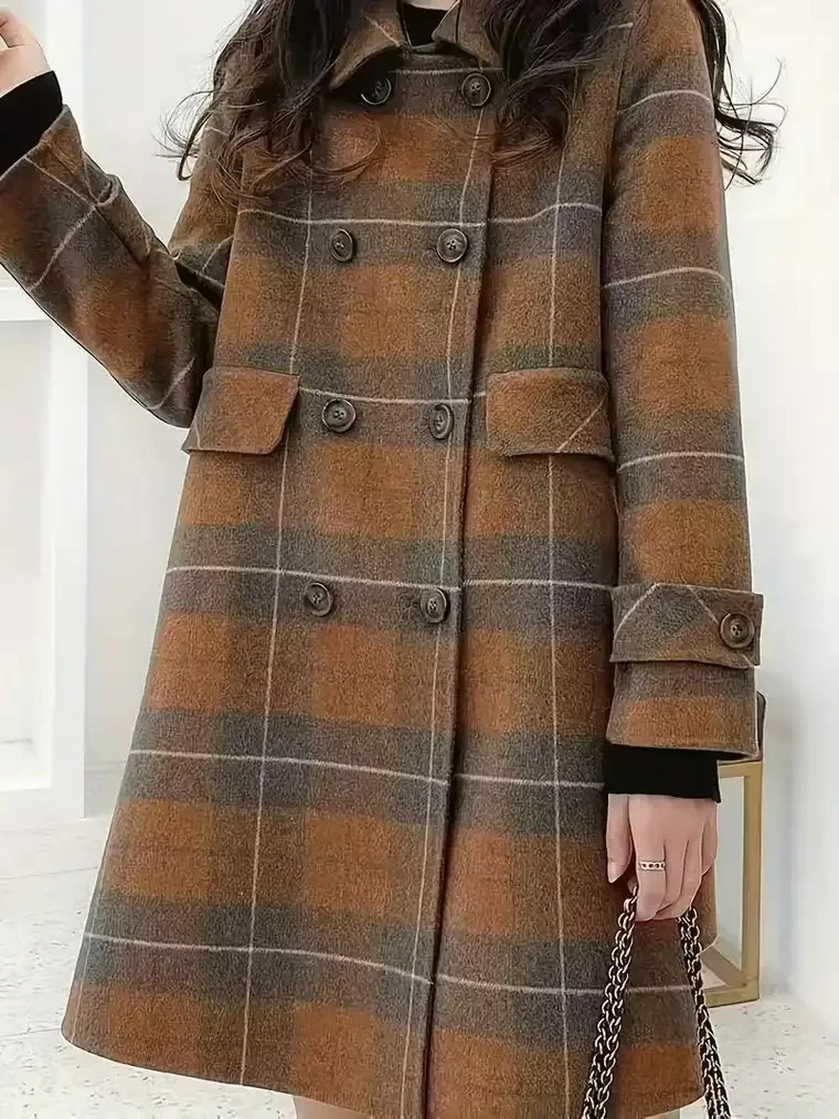 Women's Double-Breasted Plaid Winter Coat - Image 3