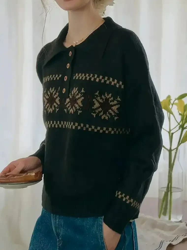 Women's Fair Isle Polo Collar Knit Sweater - Image 2