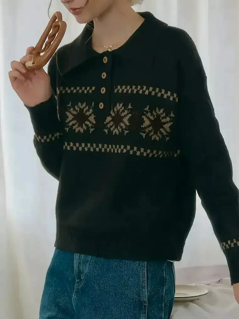 Women's Fair Isle Polo Collar Knit Sweater - Image 4