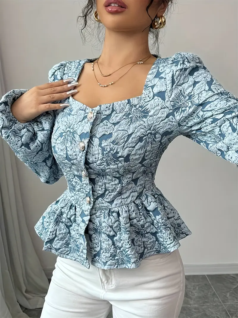Women's Floral Jacquard Blouse with Square Neckline and Long Sleeves - Image 2