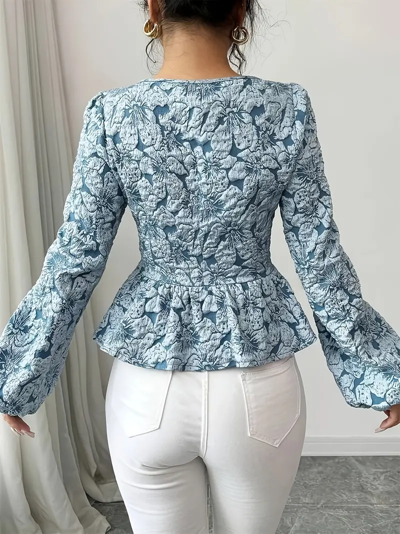 Women's Floral Jacquard Blouse with Square Neckline and Long Sleeves - Image 3