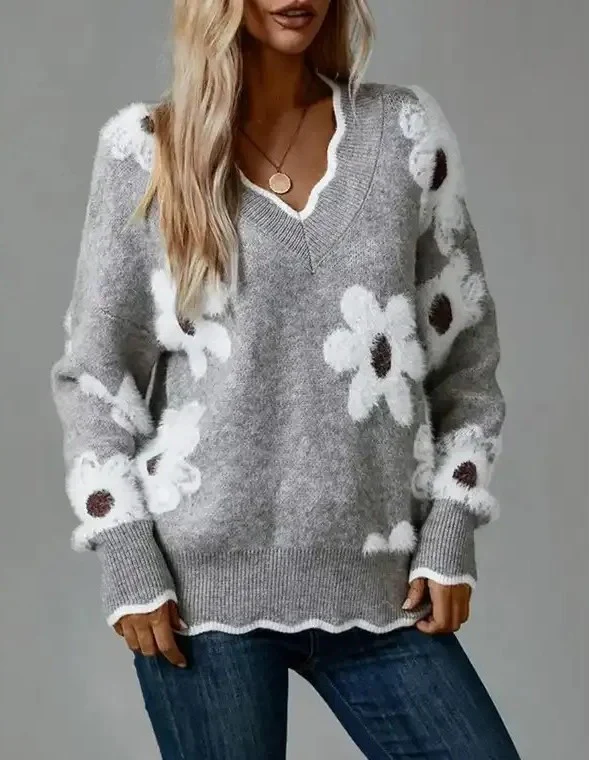 Women's Floral V-Neck Scallop Trim Sweater - Image 2