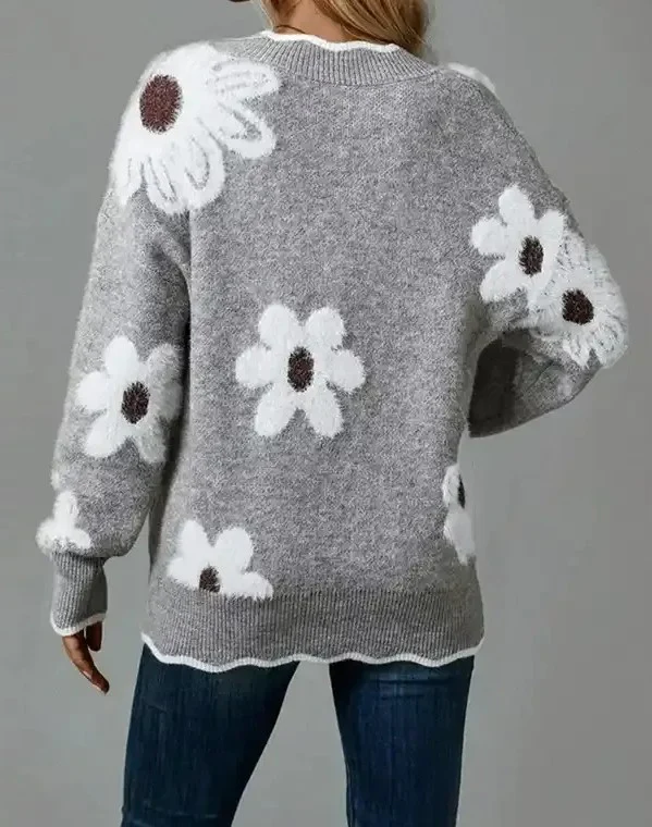 Women's Floral V-Neck Scallop Trim Sweater - Image 3