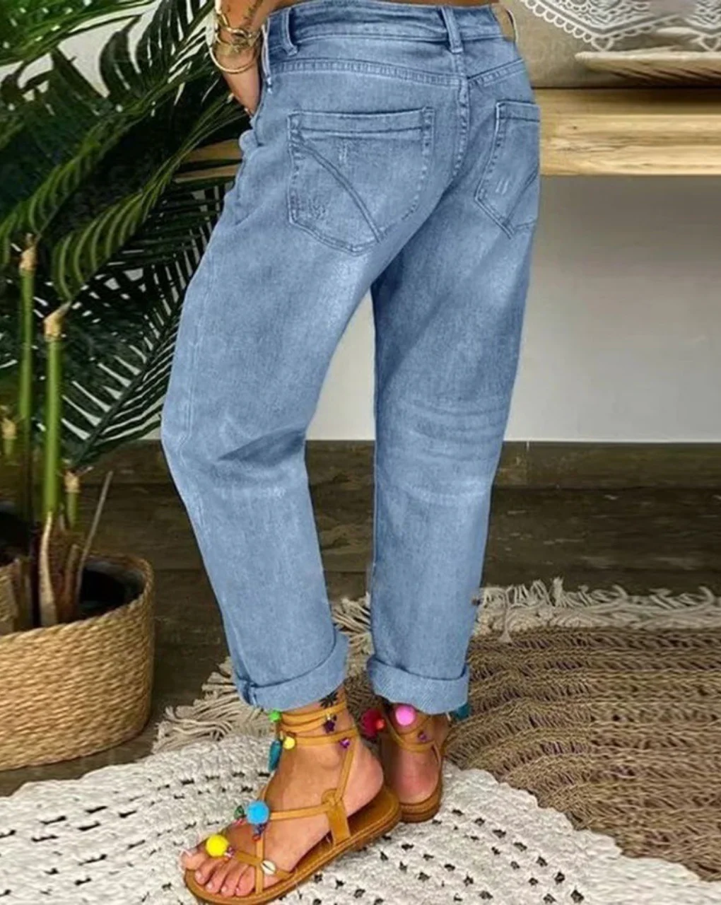 Women's Folded Hem Denim Pants with Tattered Style and High Waist Buttons - Image 3