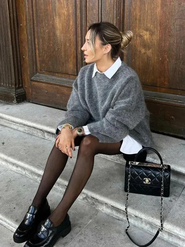 Women's Fuzzy Oversized Crew Neck Sweater - Image 3