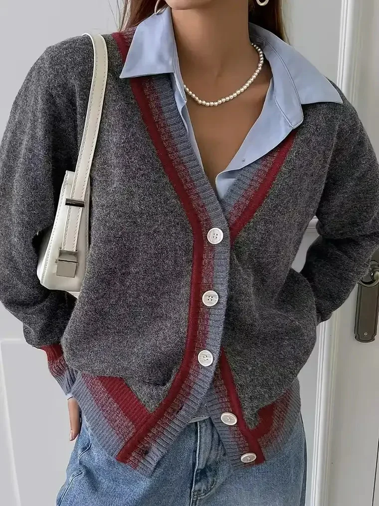 Women's Gray V-neck Striped Cardigan - Image 3