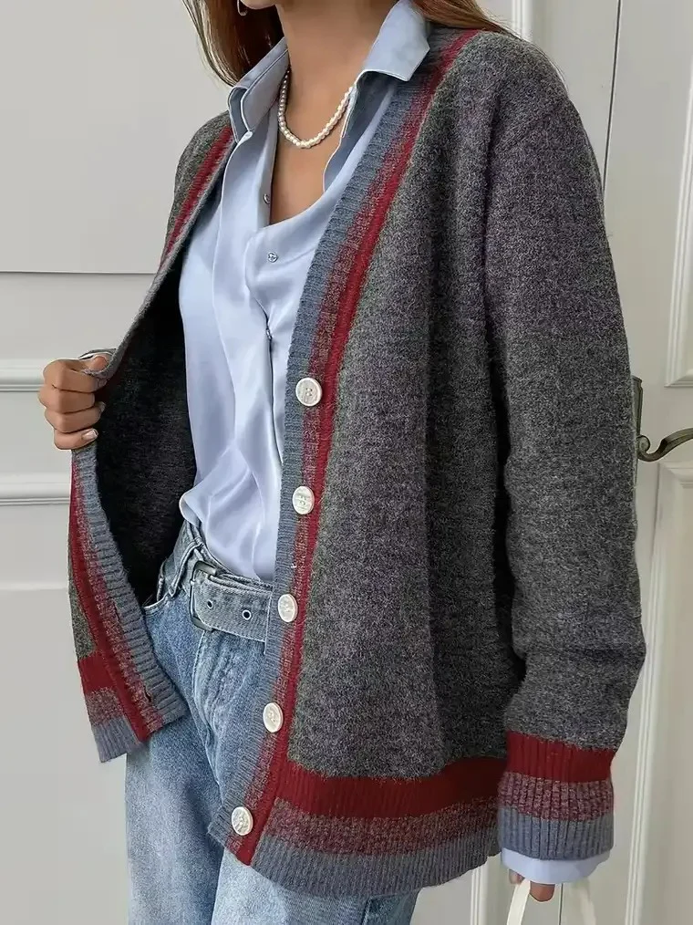Women's Gray V-neck Striped Cardigan - Image 4