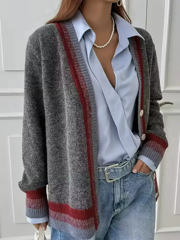 Women's Gray V-neck Striped Cardigan - Image 5