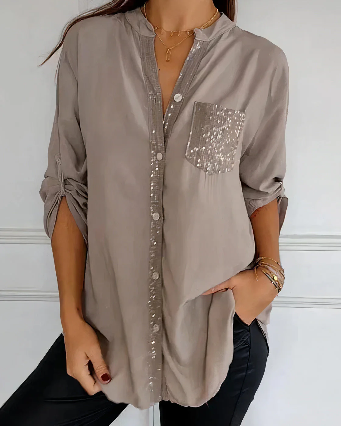 Women's Half Sleeve Glitters Blouse with One Pocket and Buttons - Image 3