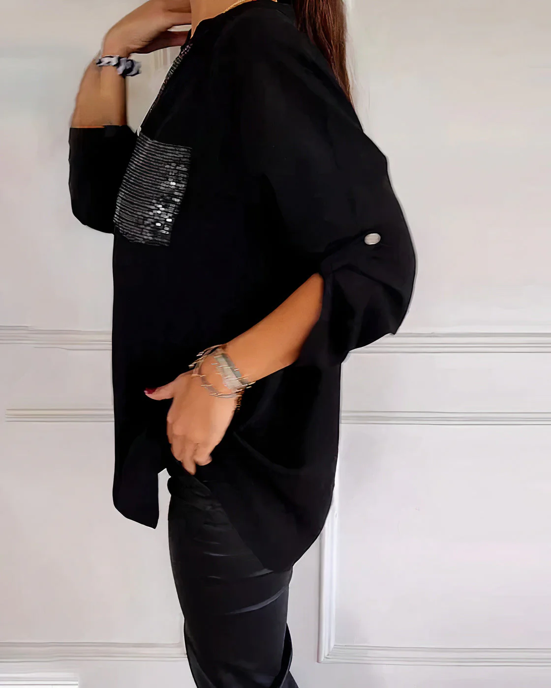 Women's Half Sleeve Glitters Blouse with One Pocket and Buttons - Image 4