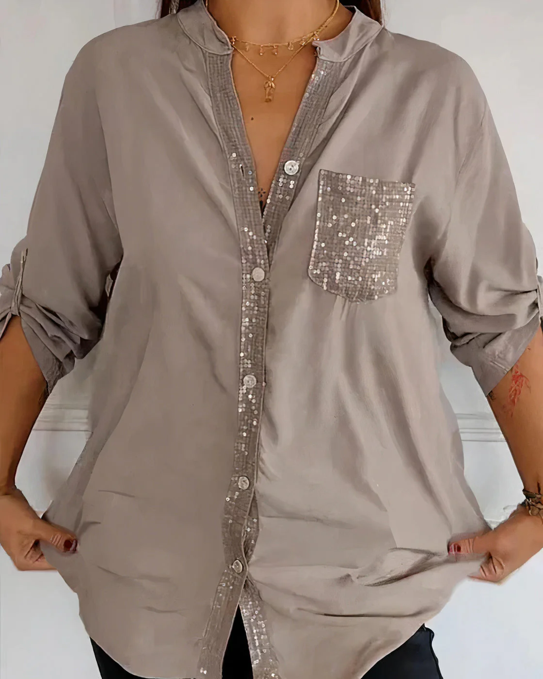 Women's Half Sleeve Glitters Blouse with One Pocket and Buttons - Image 5