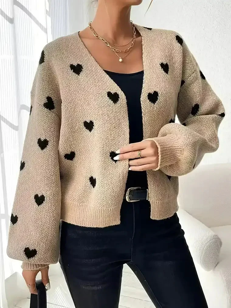 Women's Heart Pattern V-neck Cardigan - Image 2