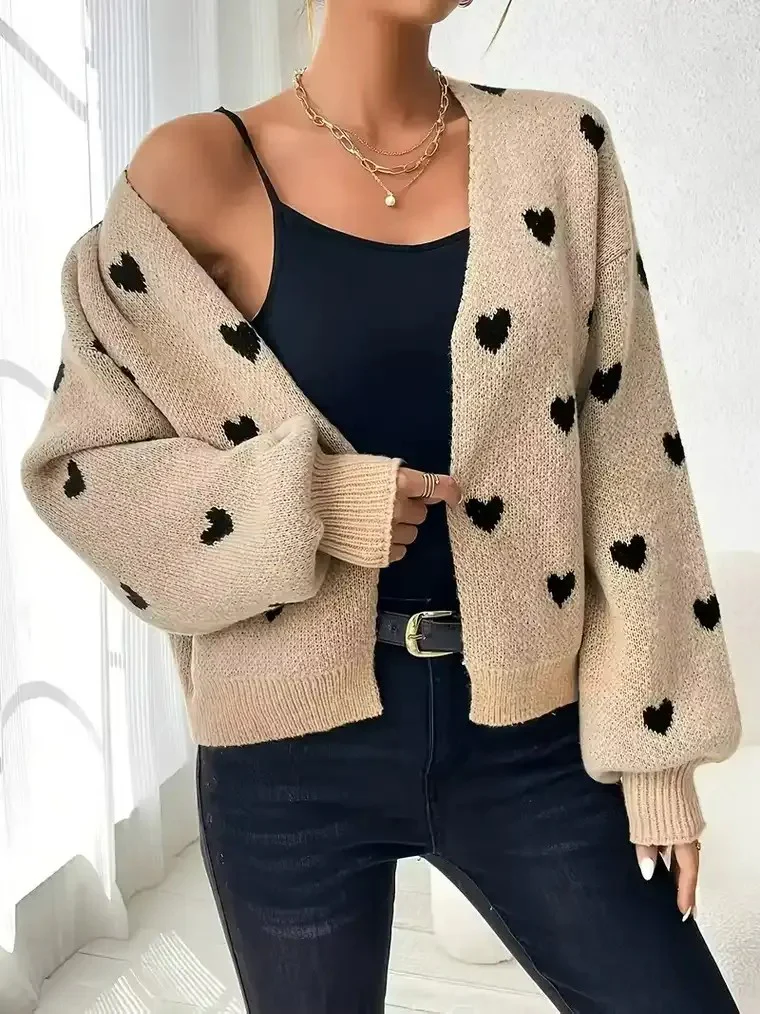 Women's Heart Pattern V-neck Cardigan - Image 3