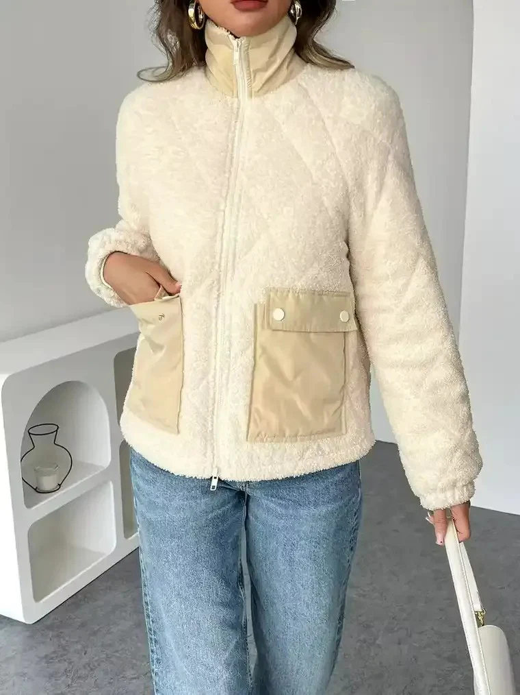 Women's High-Collar Teddy Jacket with Flap Pockets