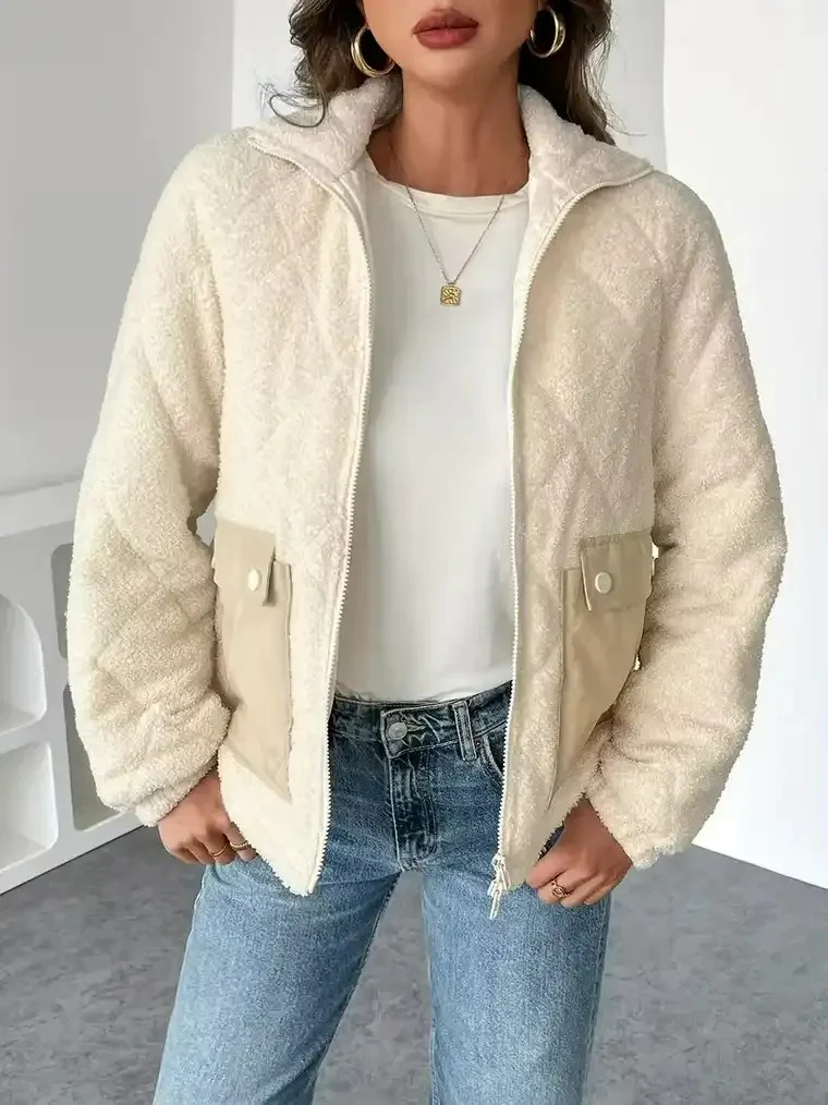 Women's High-Collar Teddy Jacket with Flap Pockets - Image 3
