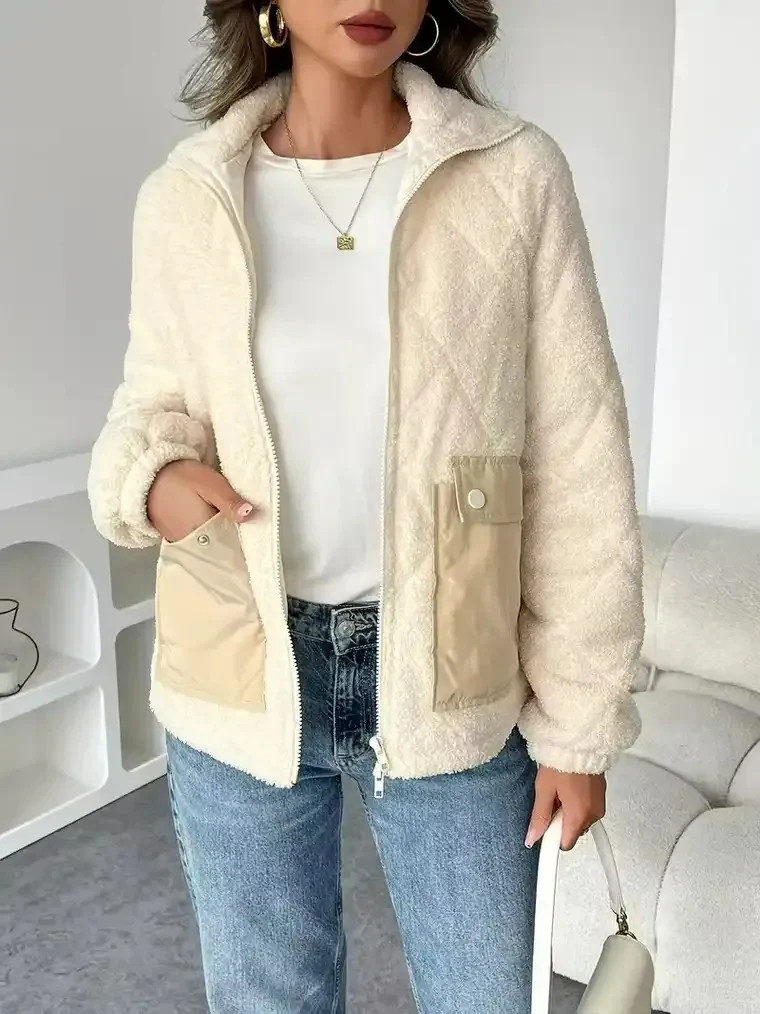 Women's High-Collar Teddy Jacket with Flap Pockets - Image 4