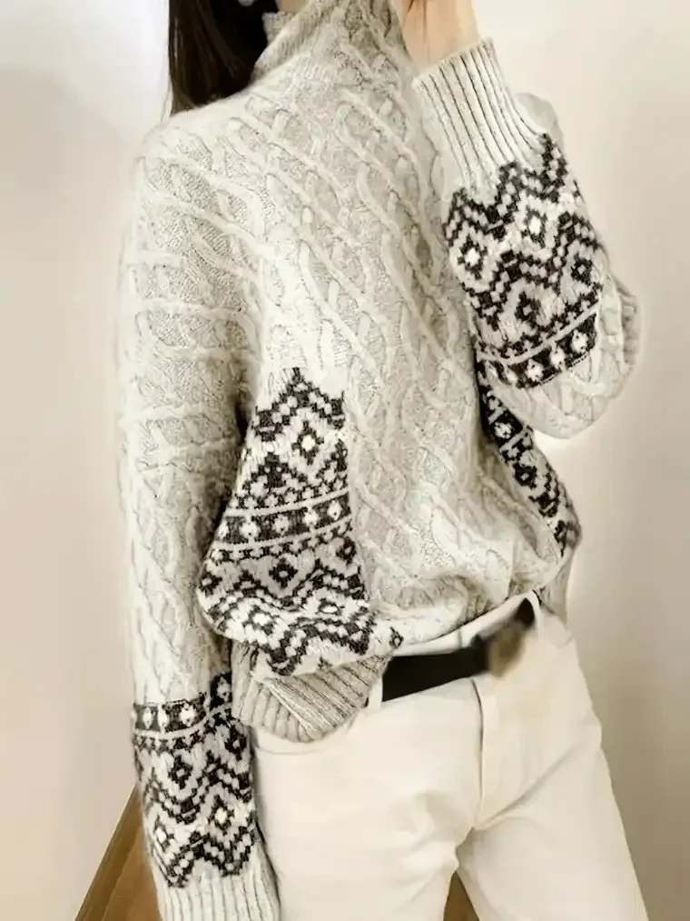 Women's High-Neck Cable Knit Sweater with Geometric Accents - Image 2