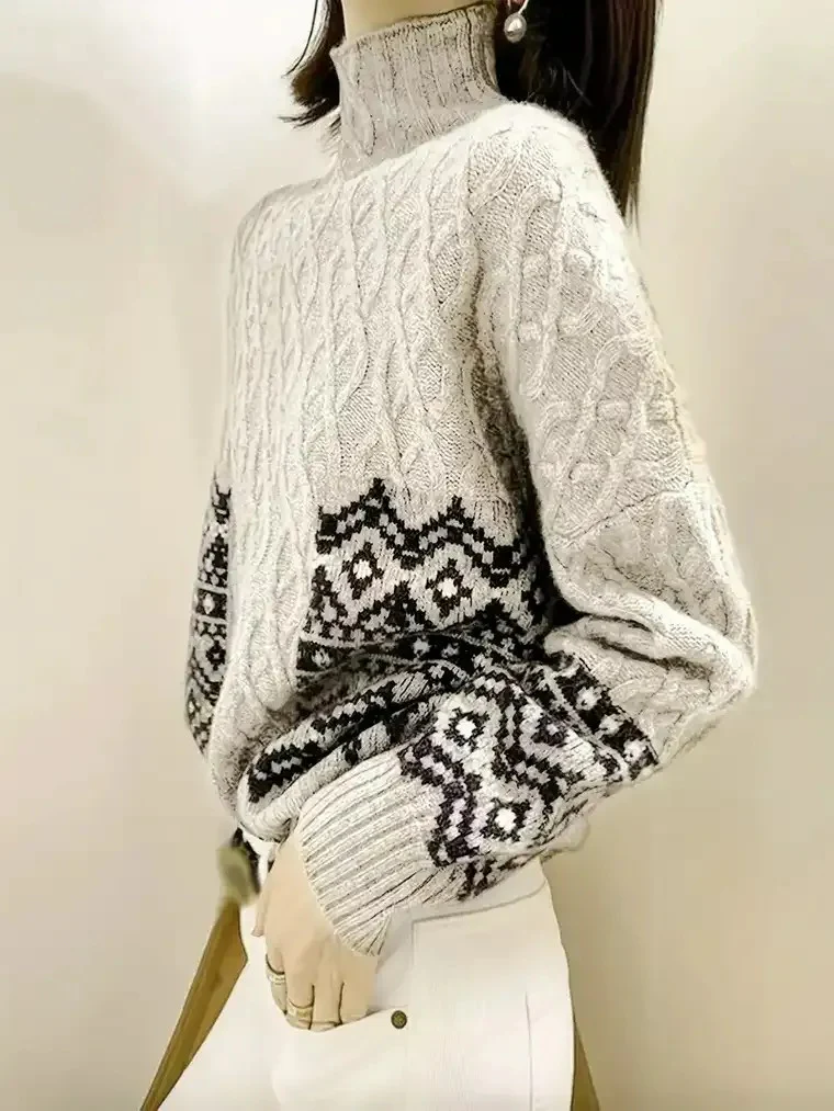 Women's High-Neck Cable Knit Sweater with Geometric Accents - Image 3