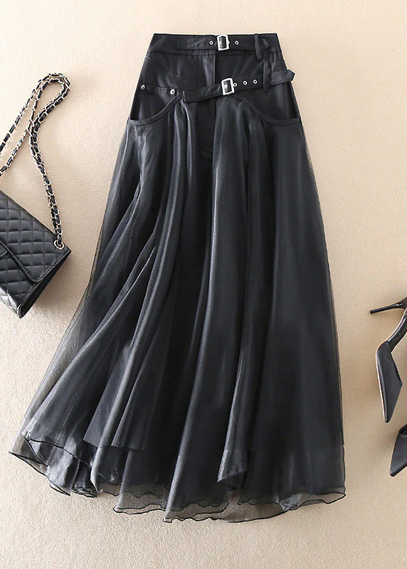 Women's High-Waisted Long Skirt with Sheer Overlay and Belted Waist - Image 3