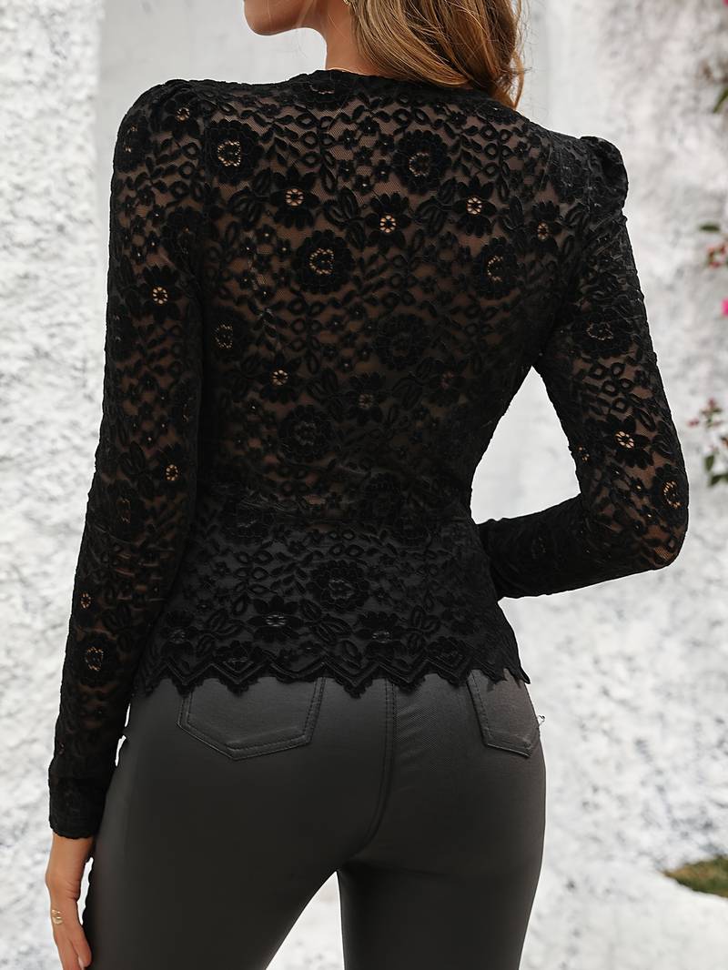 Women's Lace Blouse with Long Sleeve and Heart Buttons Detail - Image 12