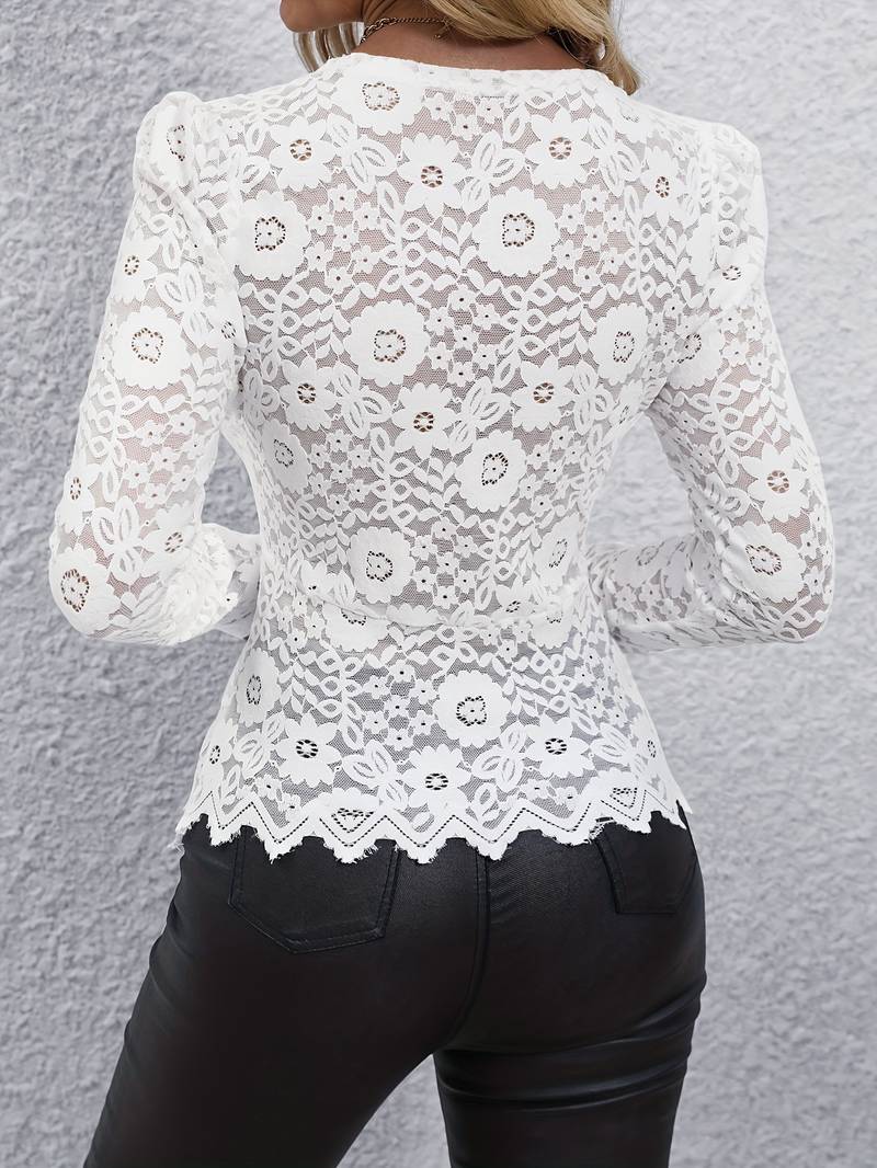 Women's Lace Blouse with Long Sleeve and Heart Buttons Detail - Image 7