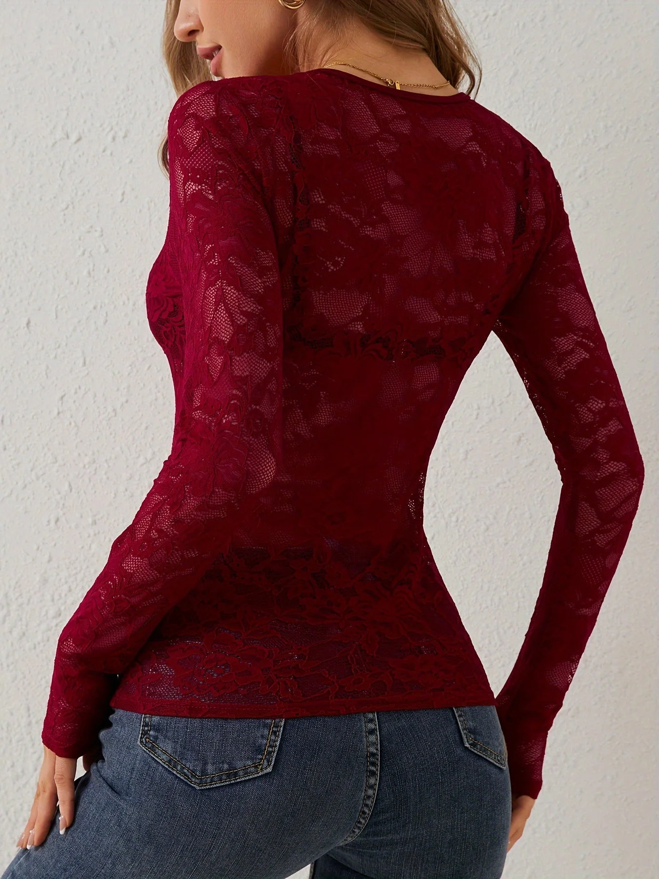 Women's Lace Blouse with Long Sleeve and Sheer Details - Image 10