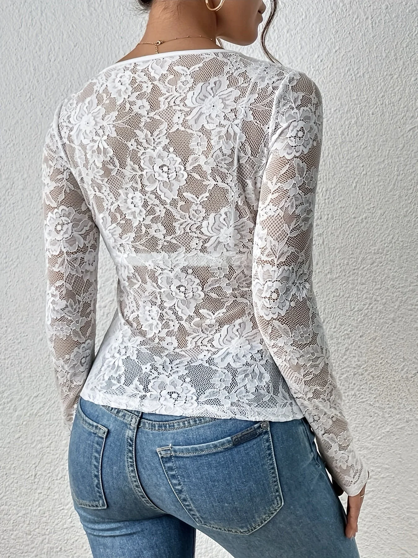 Women's Lace Blouse with Long Sleeve and Sheer Details - Image 12